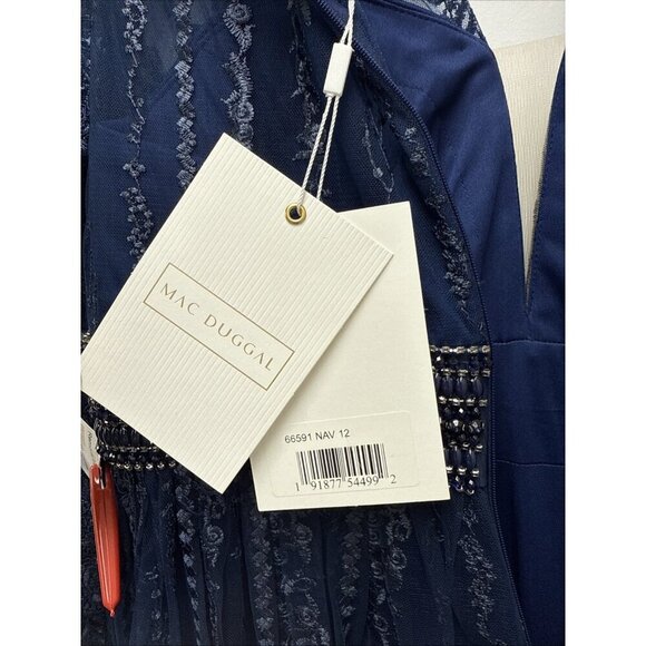 MAC DUGGAL Size 12 Navy 66591 Long Sleeve Floral Illusion Beaded Gown Dress $798 - Picture 14 of 16